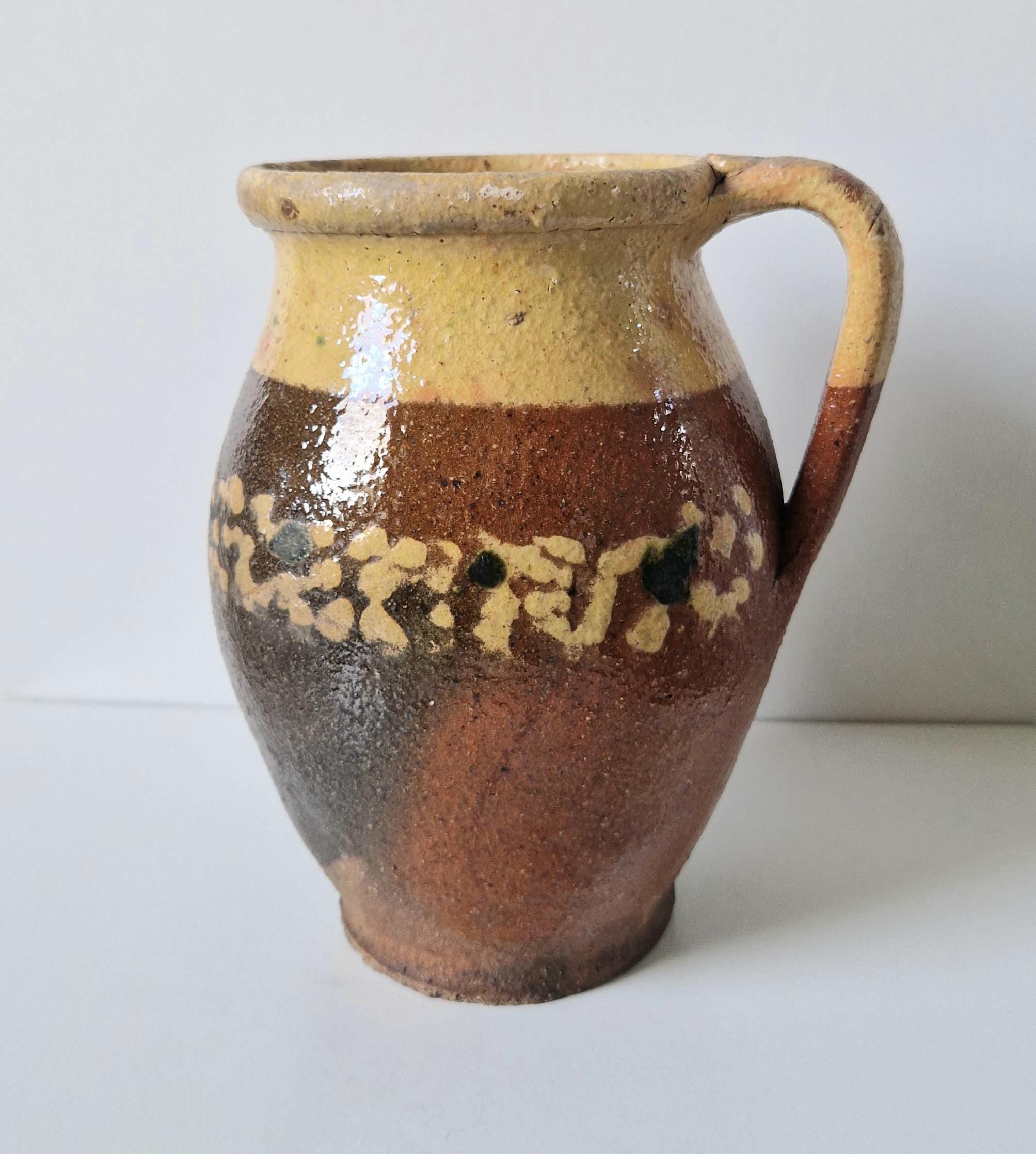 Antique Rustic Hungarian Decorated Glazed Earthenware Milk Pitcher Jug