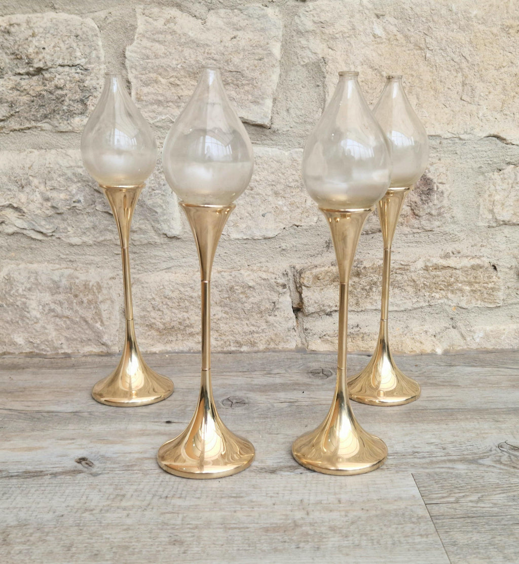Vintage 4 x Large Brass Freddie Andersen Clear Drop Oil Lamps Germany 1970