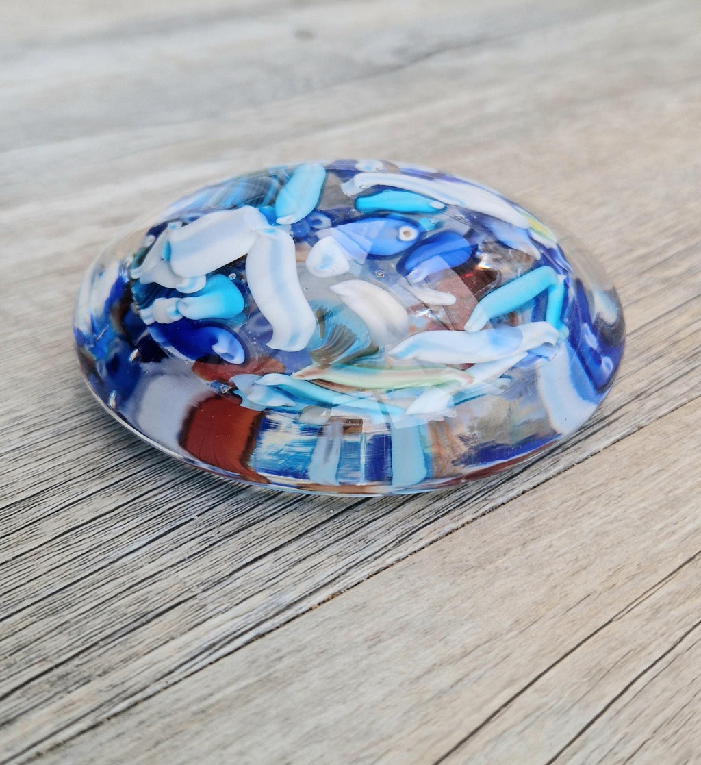 Large Murano Art Glass Stretched Blue Cane Disc Paperweight