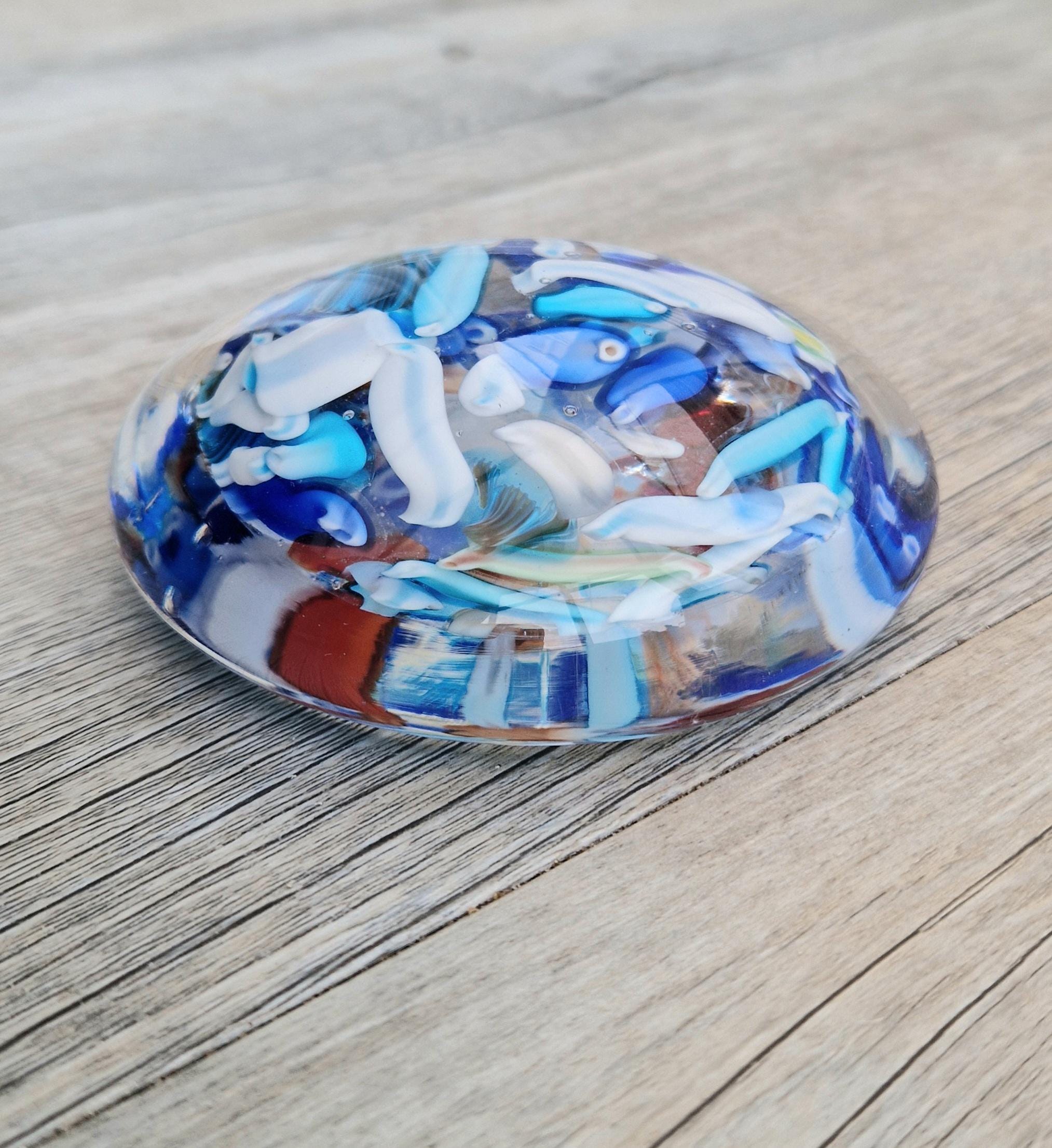 Large Murano Art Glass Stretched Blue Cane Disc Paperweight