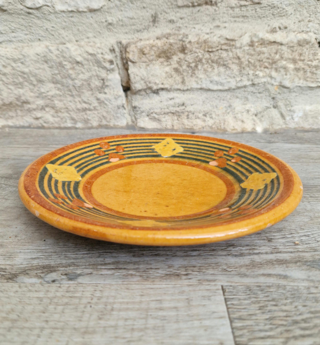 Vintage French Rustic BIOT Ceramic Concentric Circles Motif Yellow Glaze Dessert Plate