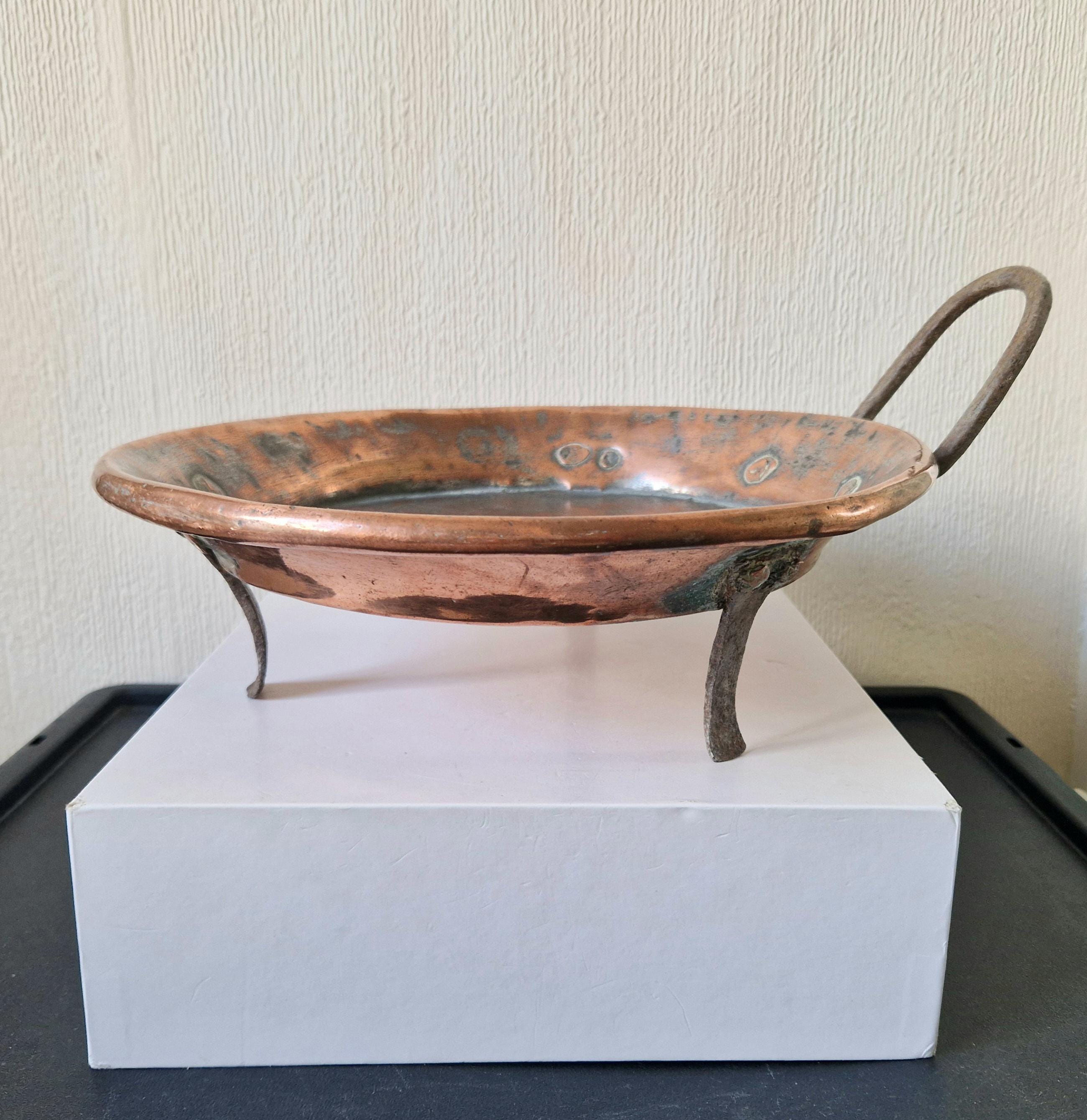 18th - 19th Century Copper & Iron Handle French Tripod Footed Tart Pan Rare Antique Kitchenalia