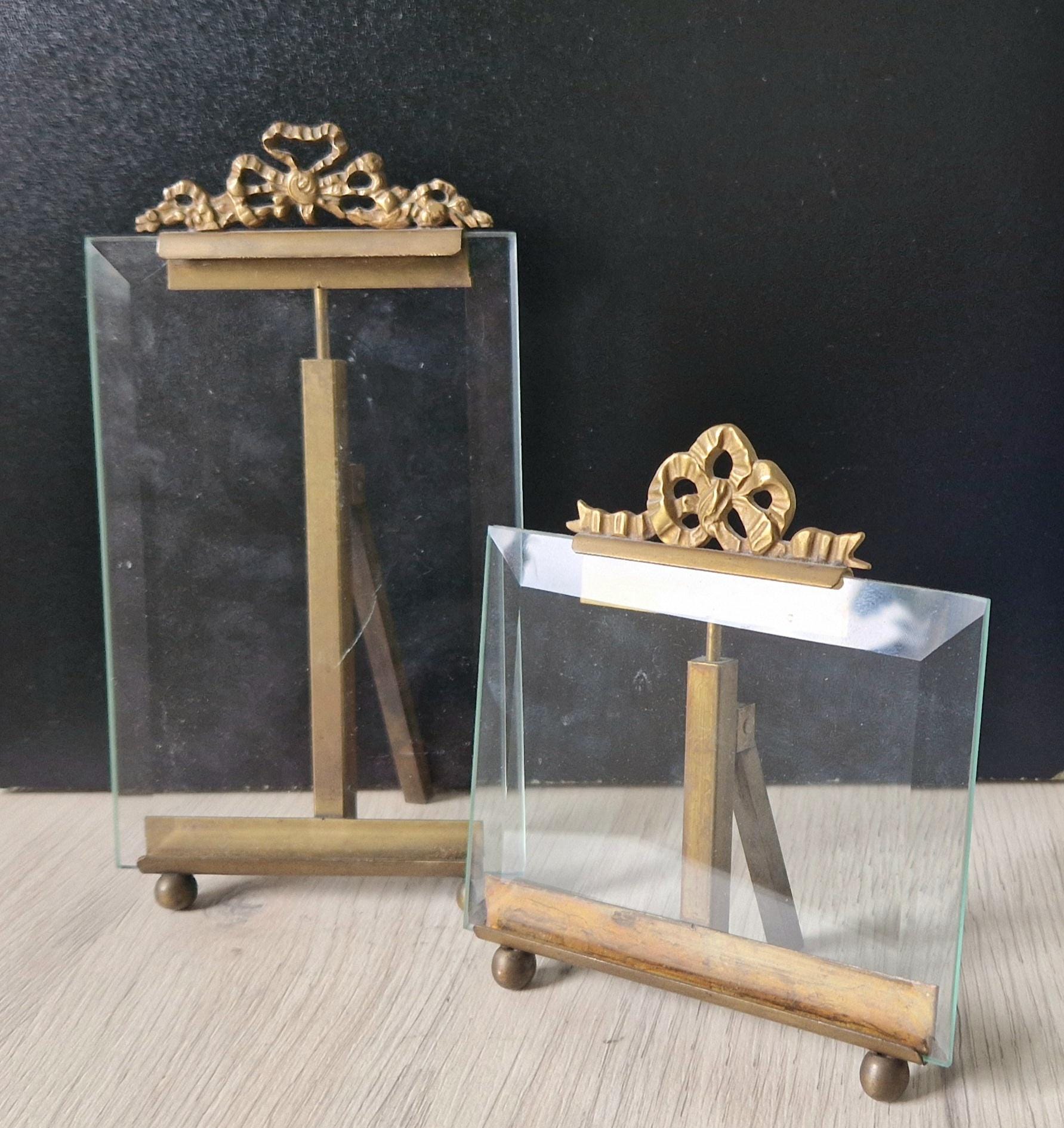 2 x Vintage Small Rectangular Ornate Brass & Bevelled Glass Photo/Display Stands