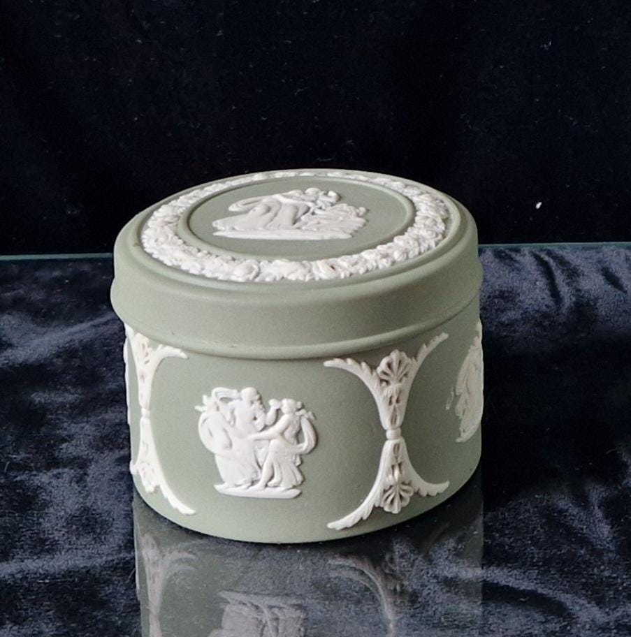 Vintage Wedgwood Sage Green Jasperware Neo Classical Candlestick Trinket Jar Set.