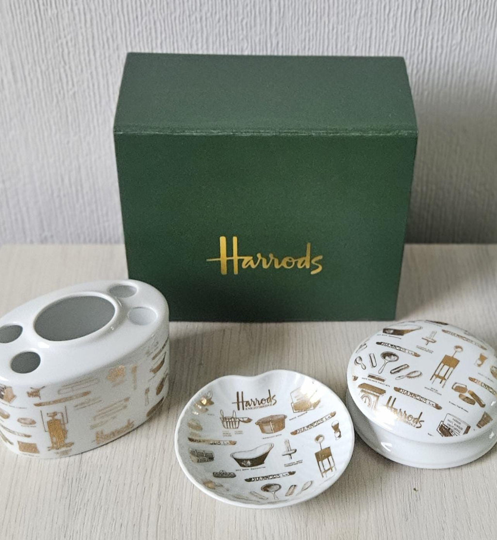 Harrods London Ceramic Bathroom Set Toothbrush Holder, Trinket Dish and Lidded Pot Boxed