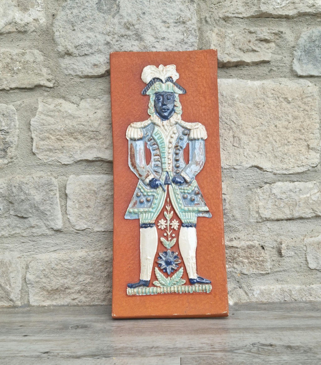 Mid-Century Art Wall Tile  Continental Figural Glazed Ceramic Large Plaque Vintage