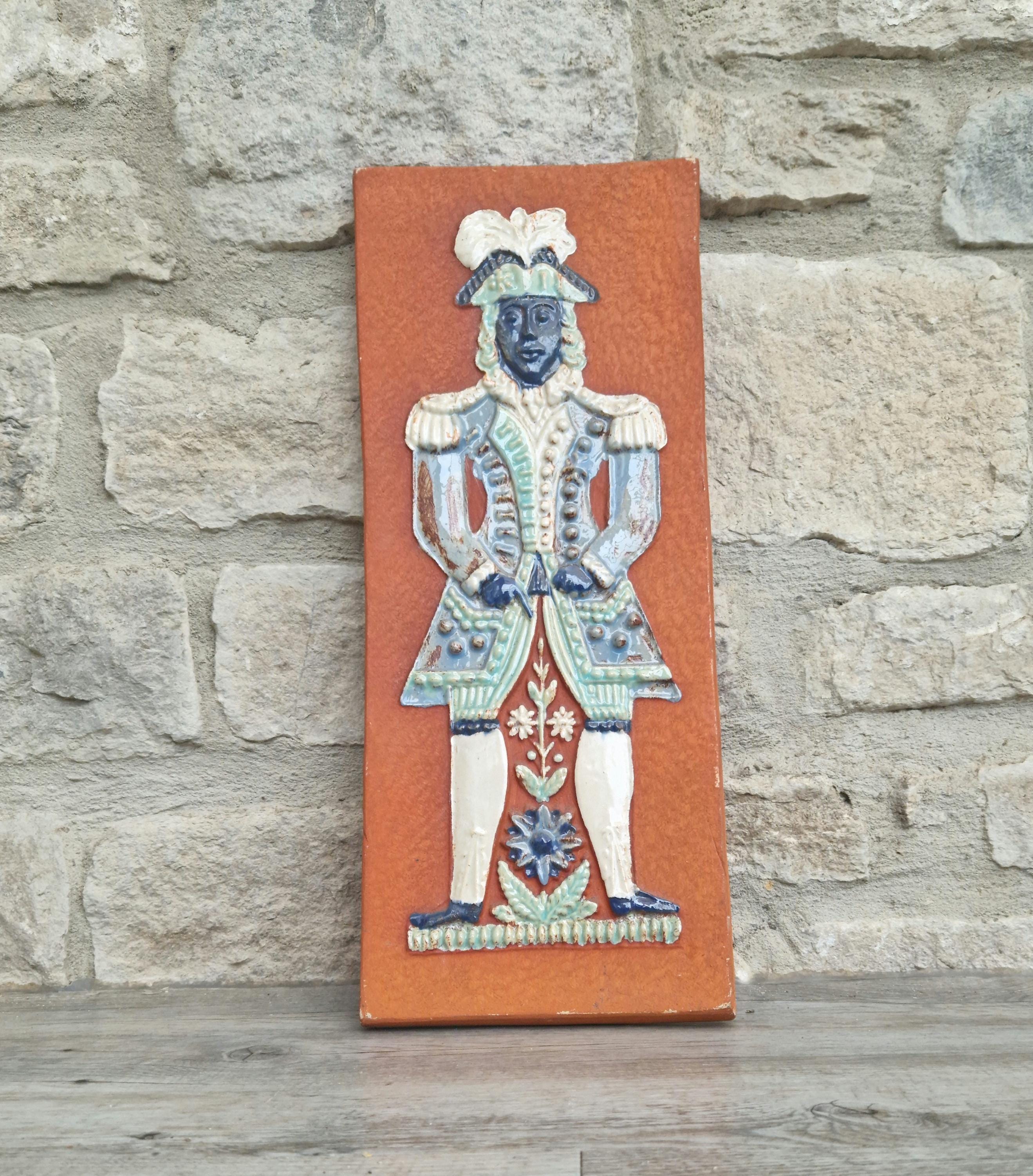 Mid-Century Art Wall Tile  Continental Figural Glazed Ceramic Large Plaque Vintage
