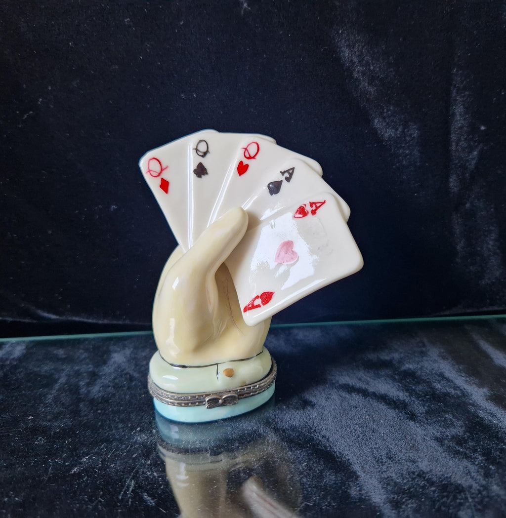 Vintage Rare Limoges Ceramic Poker Hand Full House Card Trinket Pill Box Casino