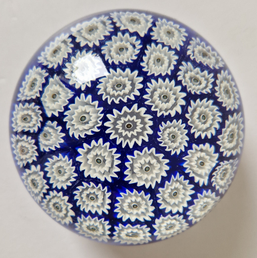 ALT Studio Murano Glass Deep Blue & White Star Flower Millifiore Paperweight