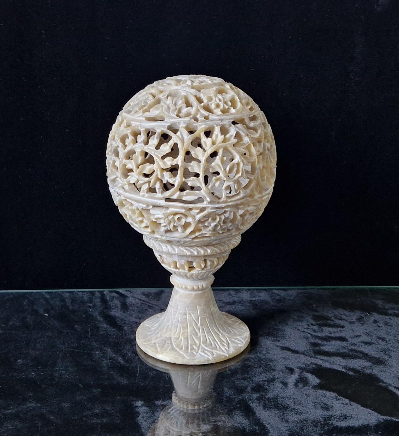 Vintage Carved Soapstone Ornate Floral Pierced Globe Tealight Lantern 17cm