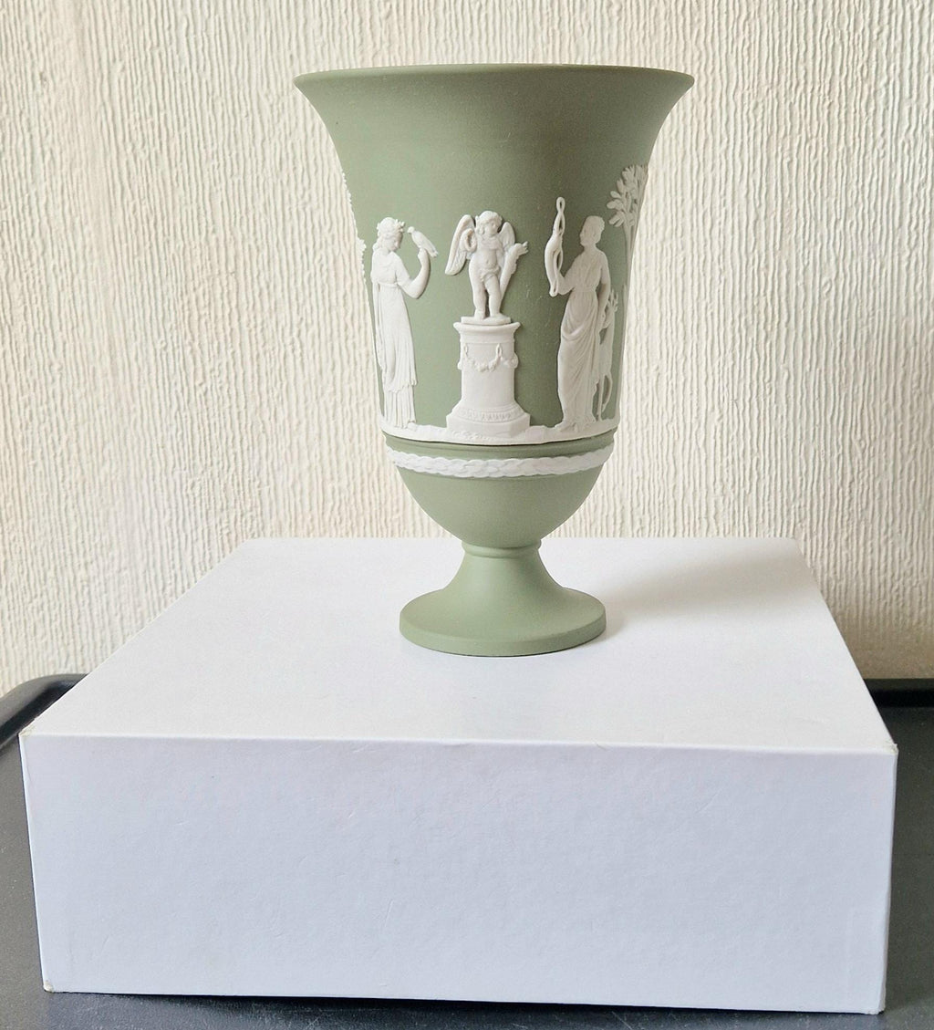 Wedgwood Sage Green Jasperware Arcadian Pedestal Trumpet Mantle Vase - Vintage.Made in England 17cm Tall