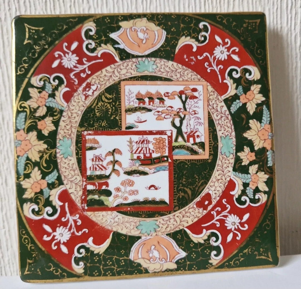 Antique Ashworth Bros. Masons Ironstone Trivet Double Landscape Pattern Square Imari Rare 19th Century