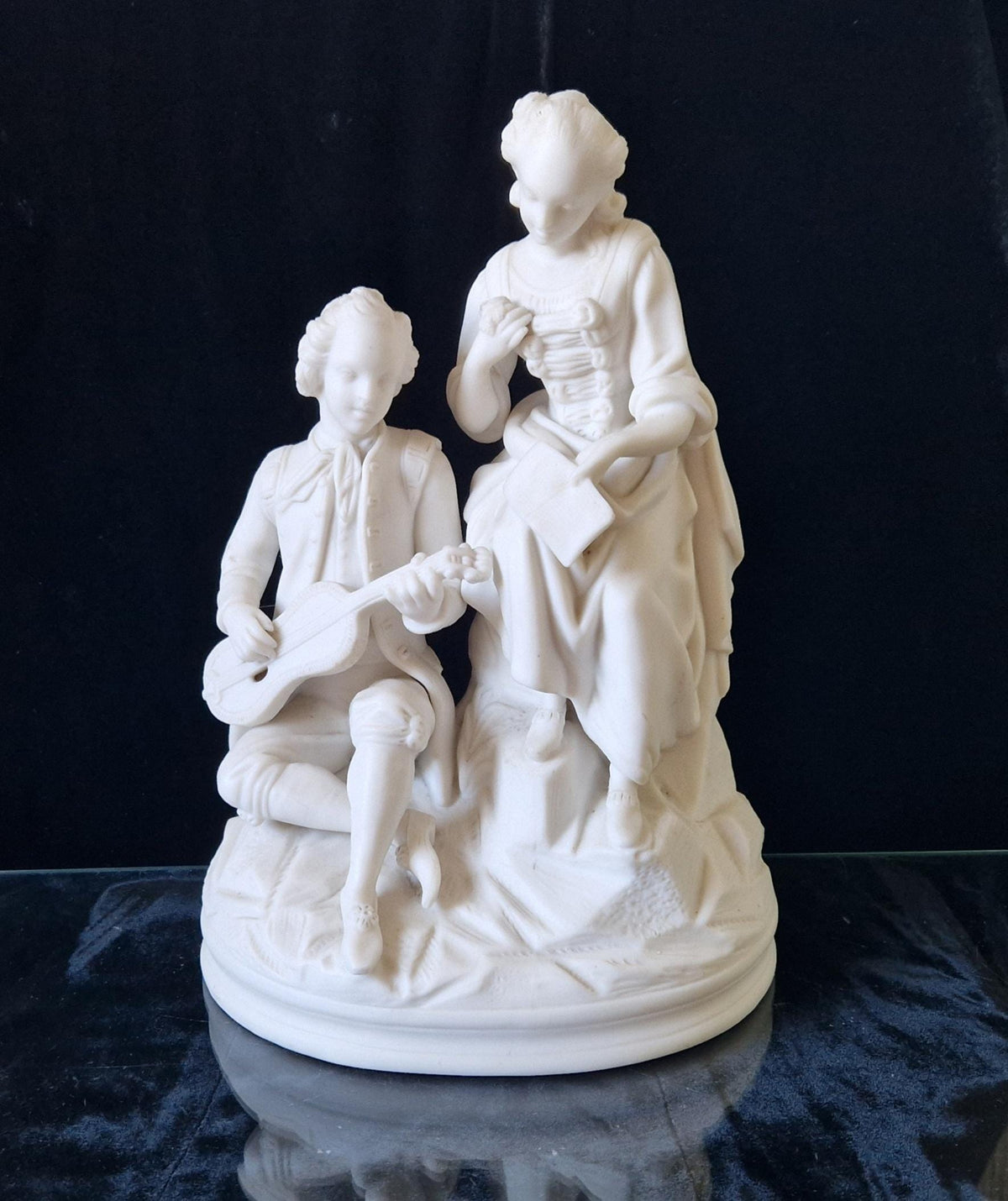 Antique Parian Ware Figural Group Young Lovers With Guitar & Music Book On Plinth