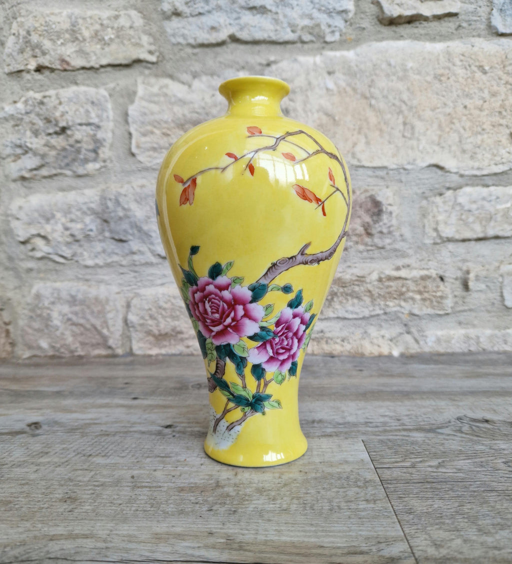Vintage 20th C. Famille Rose Yellow Ground Meiping Porcelain Vase Hand Painted Peony Blooms