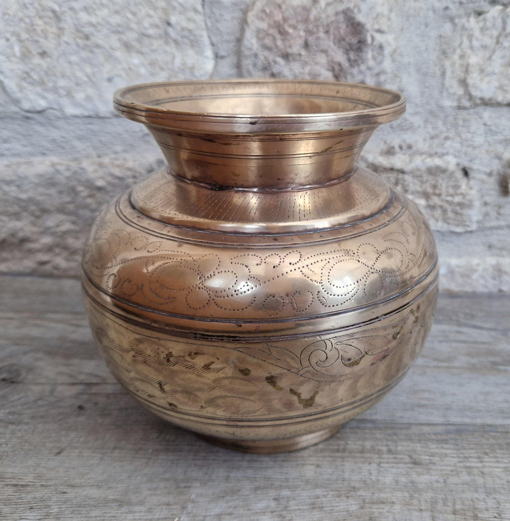 Antique Large Heavy Engraved Peacock Design Bronze Lota Holy Water Vessel