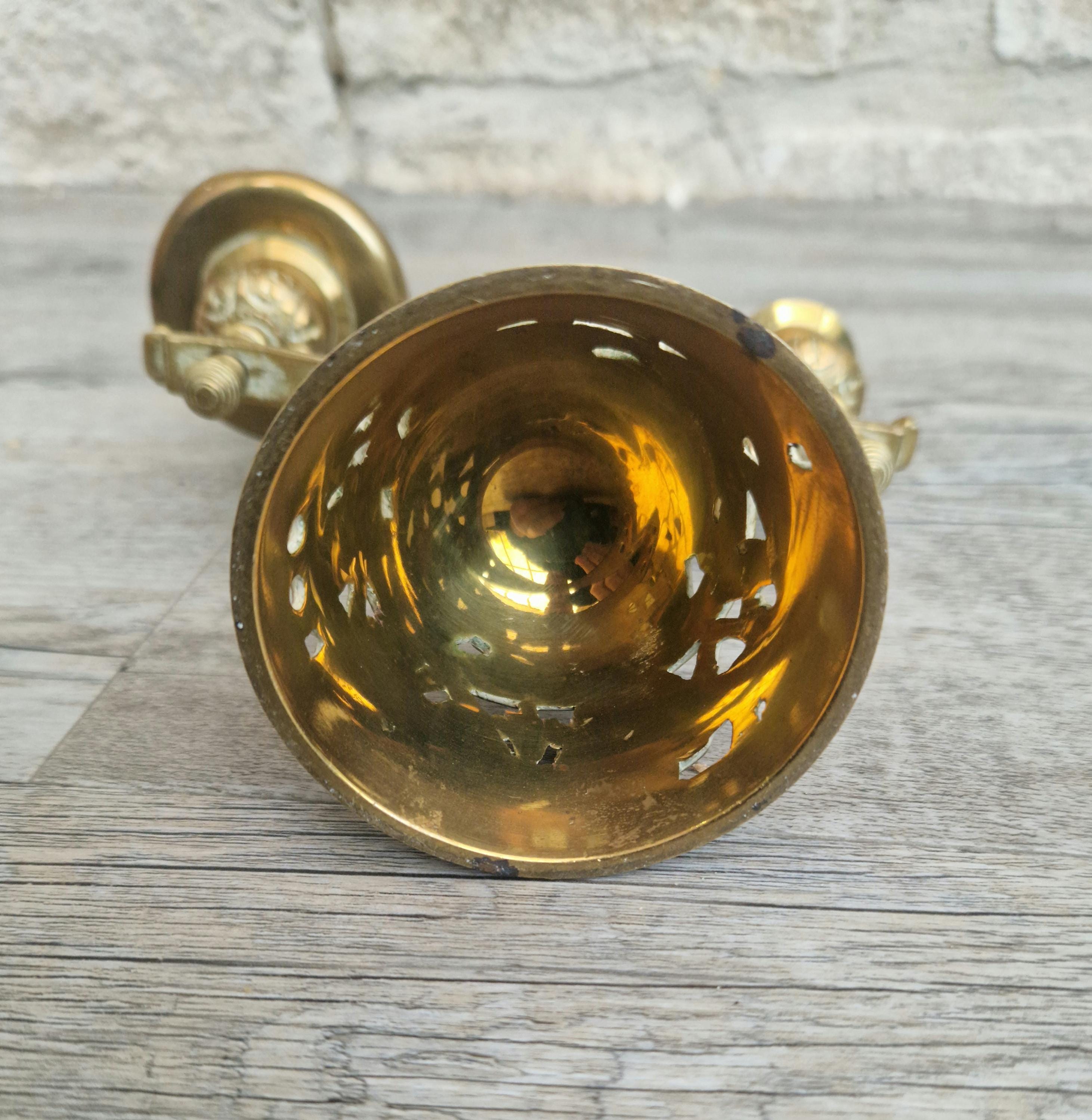 Brass Altar Bell Double Candle Holder With Pierced-Work Four Evangelists Names Antique