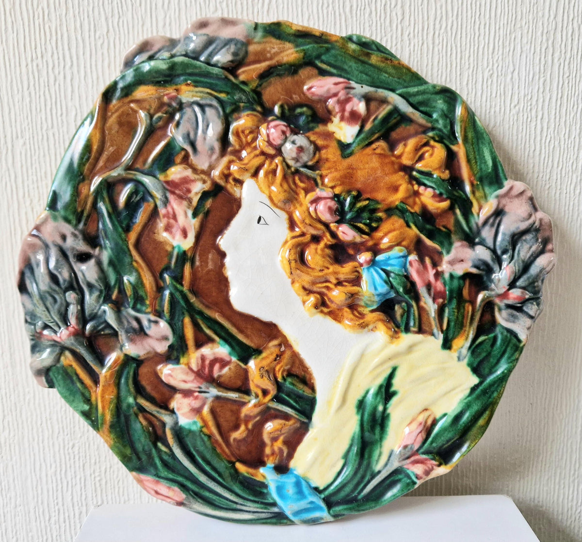 Antique Majolica Floral Yellow Dress Lady Handpainted Art Nouveau Ceramic Wall Plaque Roundel