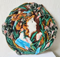 Antique Majolica Floral Blue Dress Lady Art Nouveau Handpainted Ceramic Wall Plaque Roundel