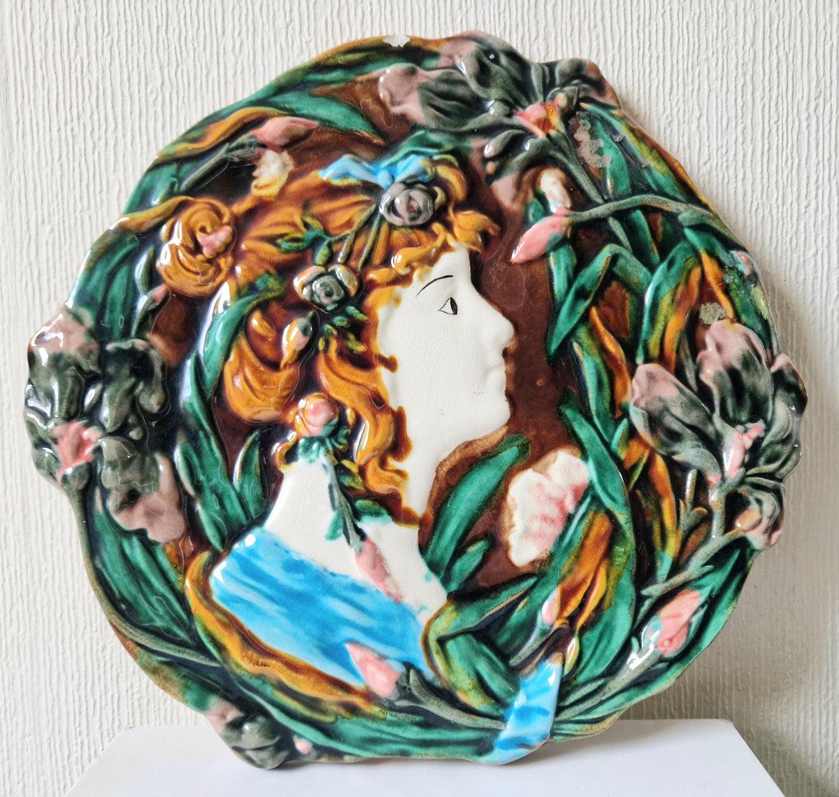 Antique Majolica Floral Blue Dress Lady Art Nouveau Handpainted Ceramic Wall Plaque Roundel