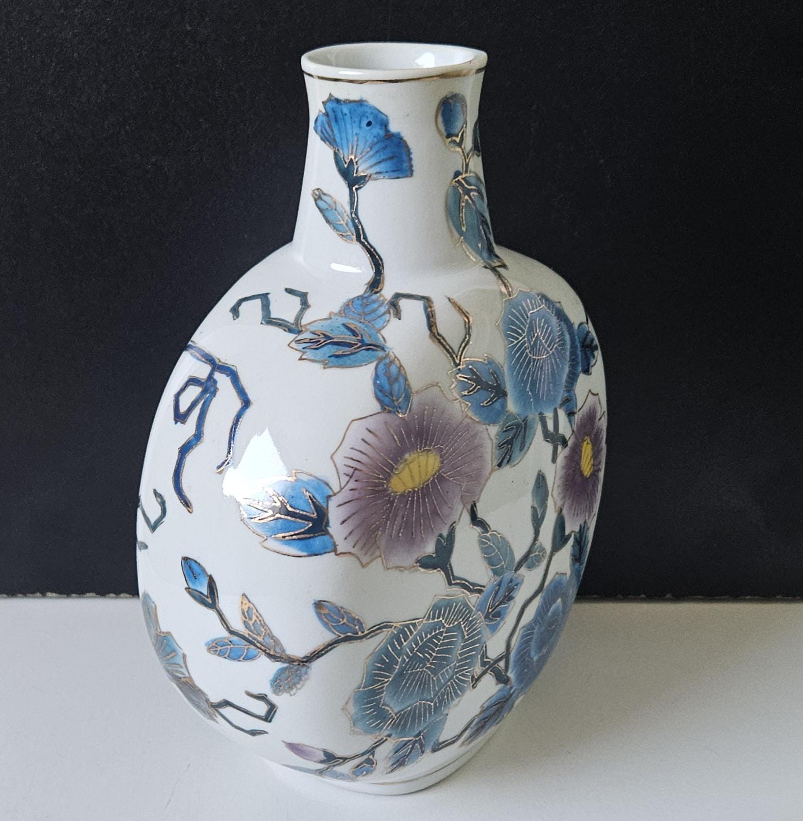 Vintage Asian Moon Flask Vase Blue lilac Blossom Gold Accents 20cm Tall