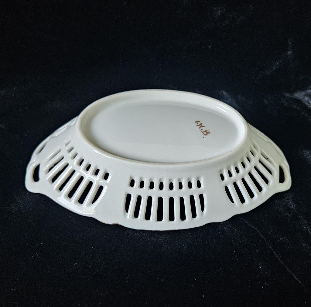 German Porcelain Lattice Dish Handpainted Roses Trinket Dish Vintage