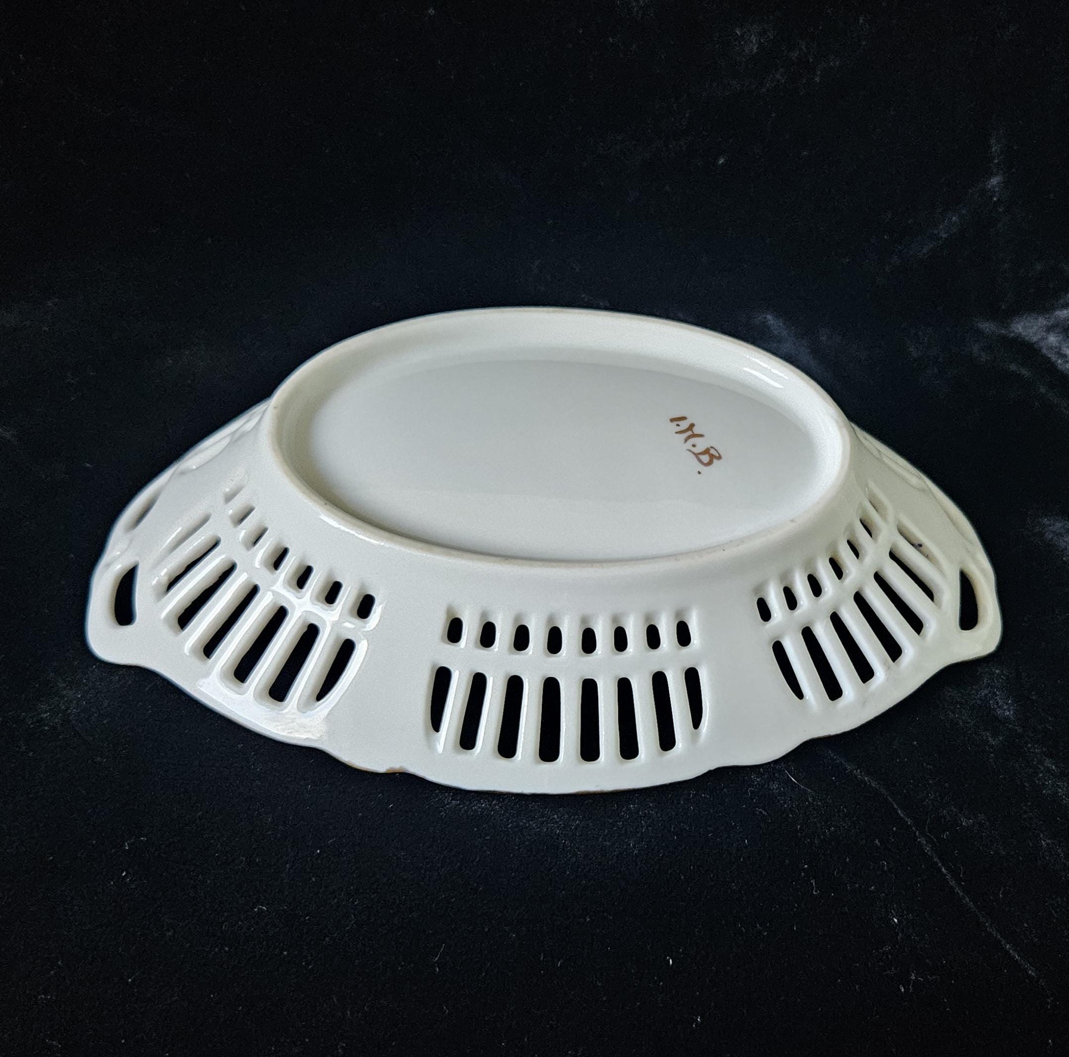 German Porcelain Lattice Dish Handpainted Roses Trinket Dish Vintage