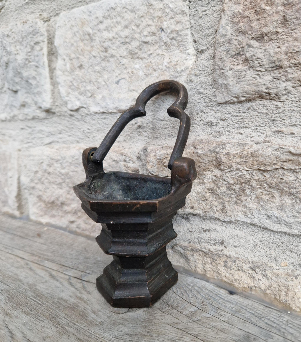 Antique Flemish Bronze Tri-Foil Handled Gothic Holy Water Pail c17th Century