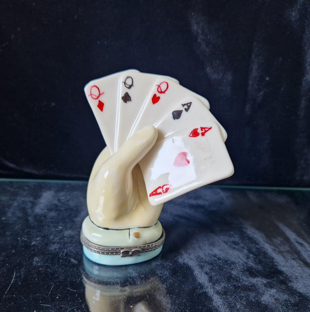 Vintage Rare Limoges Ceramic Poker Hand Full House Card Trinket Pill Box Casino