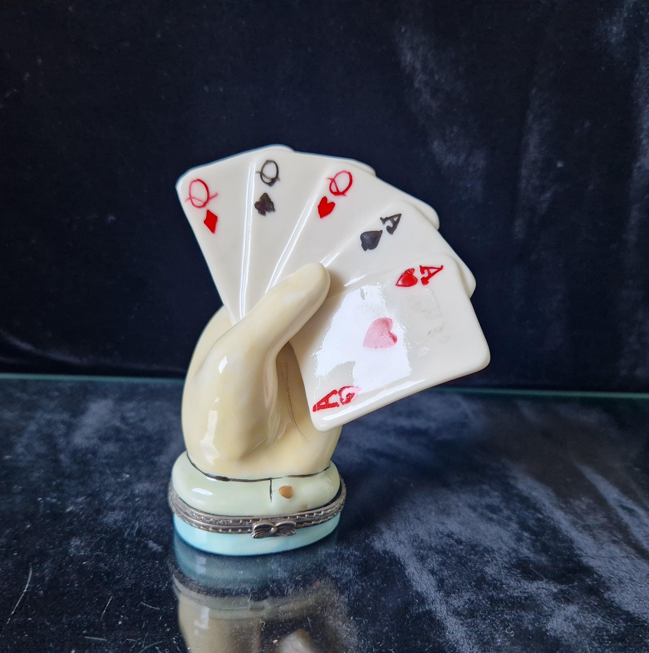 Vintage Rare Limoges Ceramic Poker Hand Full House Card Trinket Pill Box Casino