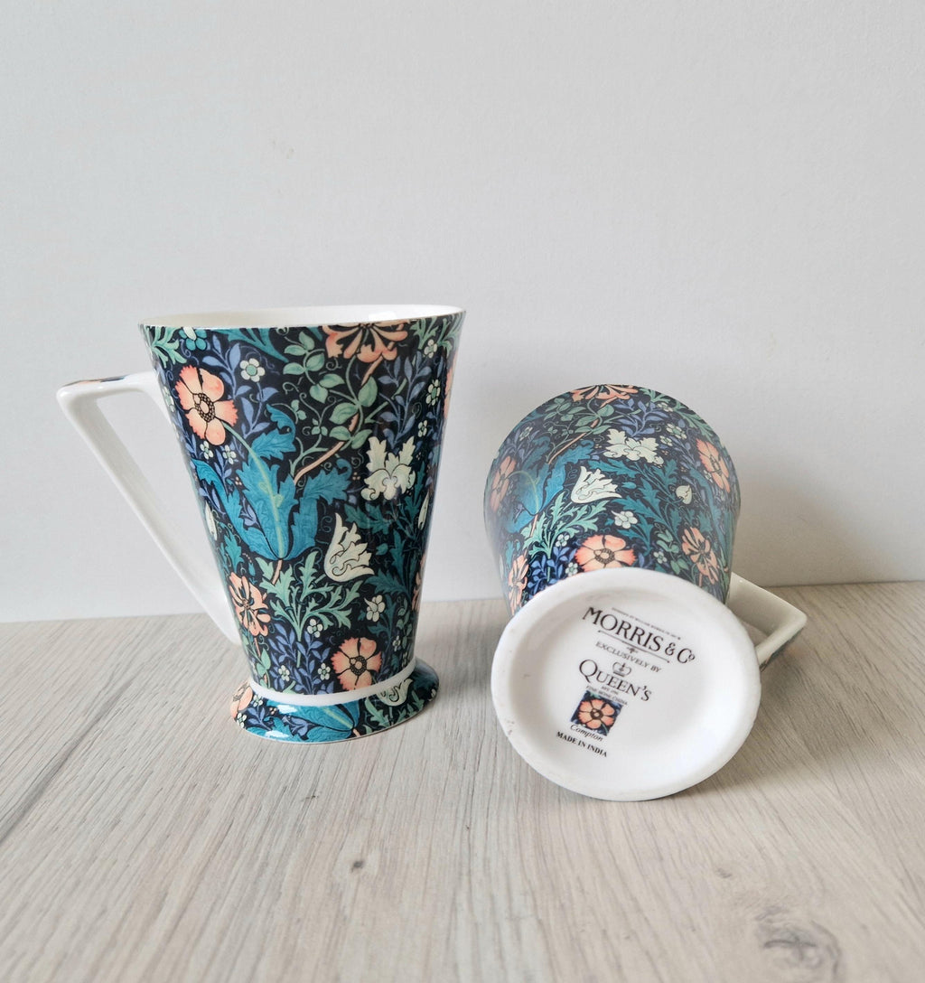 2 x Morris & Co Queens Compton Floral Art Deco Footed Bone China Coffee Mugs