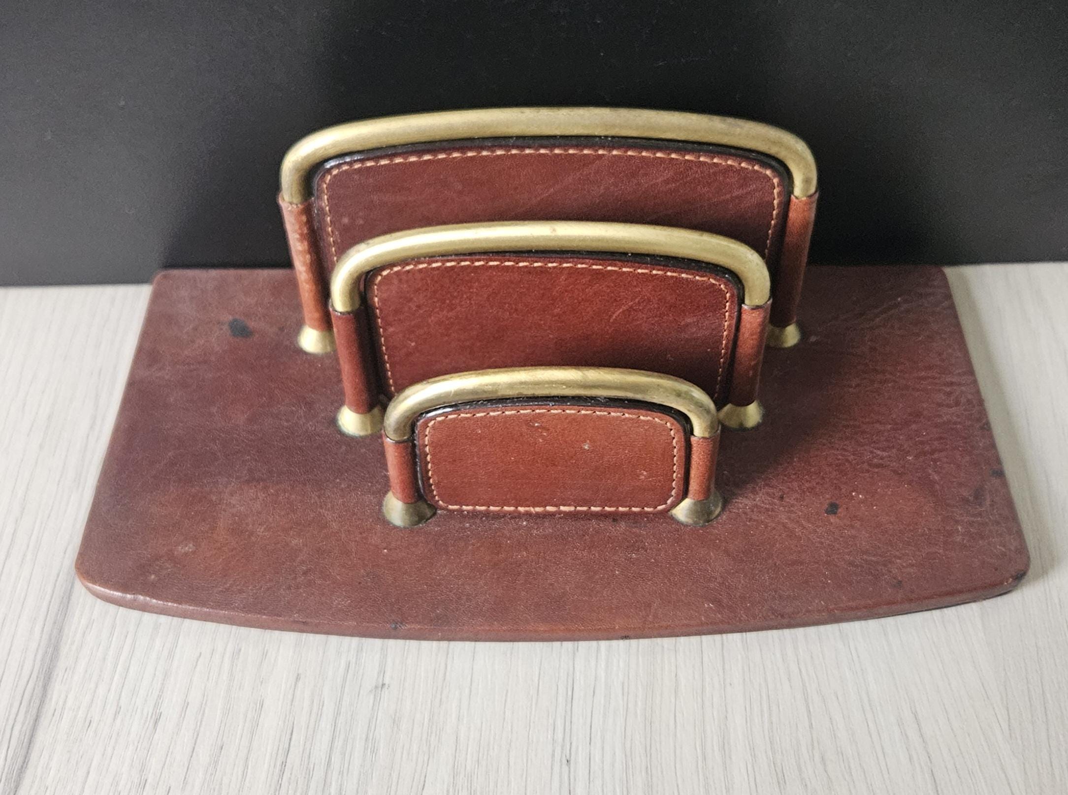 Vintage TONY PEROTTI Italian Leather Letter Rack Chestnut Brown Leather *Some Marks