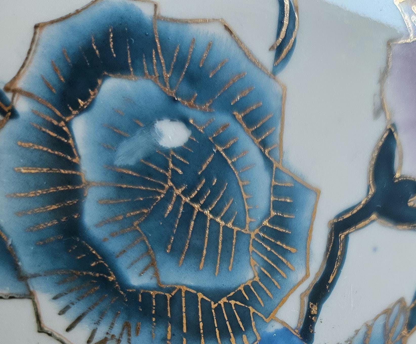 Vintage Asian Moon Flask Vase Blue lilac Blossom Gold Accents 20cm Tall