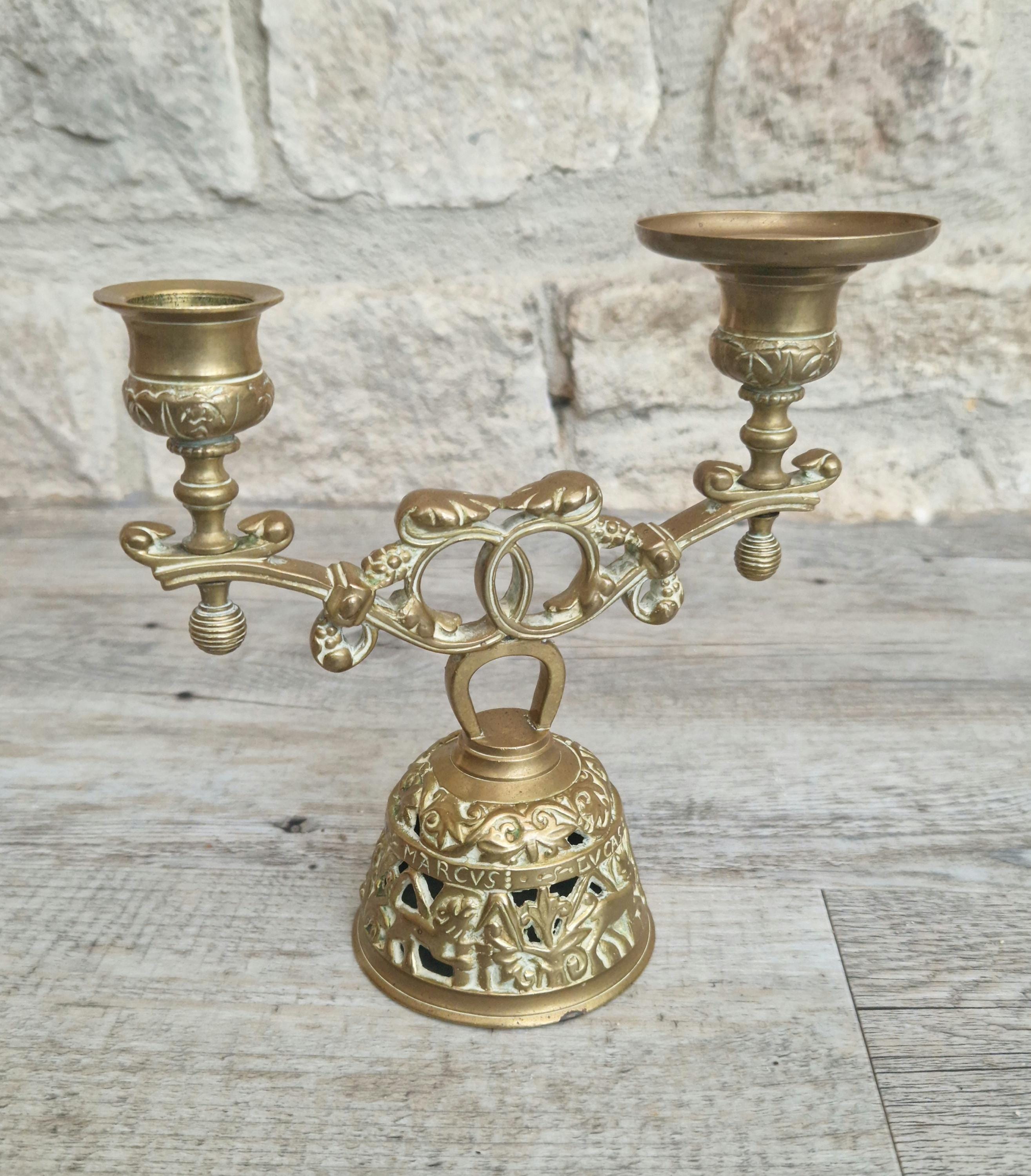 Antique Brass Altar Bell Double Candle Holder With Pierced-Work Four Evangelists Names