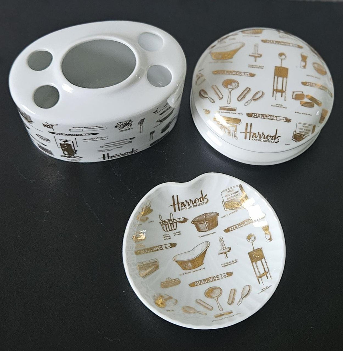 Harrods London Ceramic Bathroom Set Toothbrush Holder, Trinket Dish and Lidded Pot Boxed