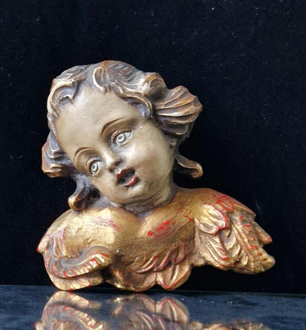 Antique Carved Polychrome Putti Cherub Bust Painted & Gilded Continental 19th C. Artwork