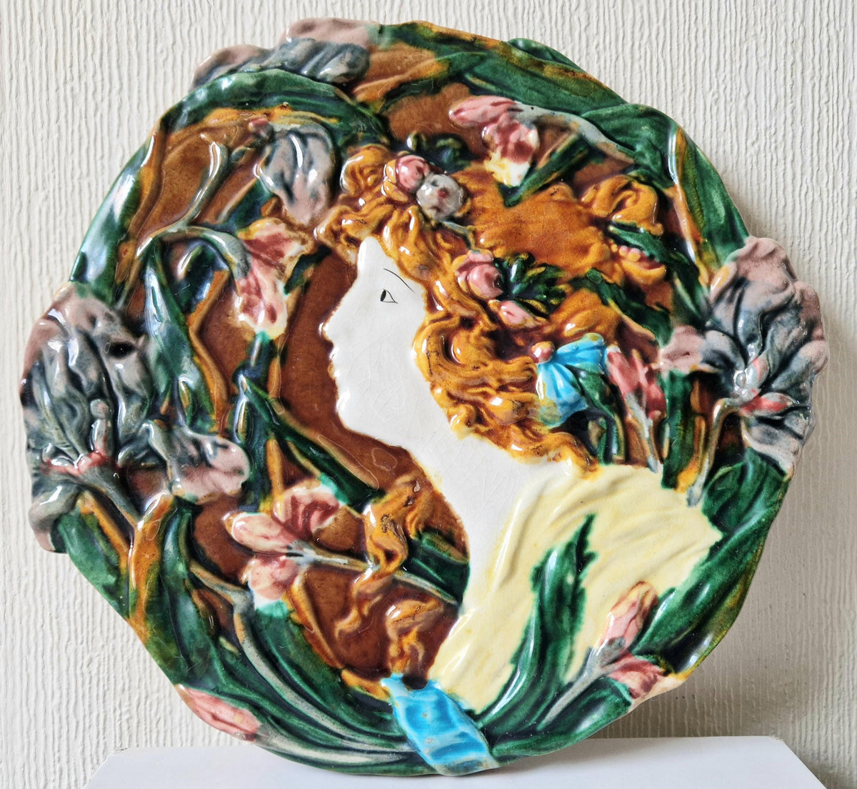 Antique Majolica Floral Yellow Dress Lady Handpainted Art Nouveau Ceramic Wall Plaque Roundel