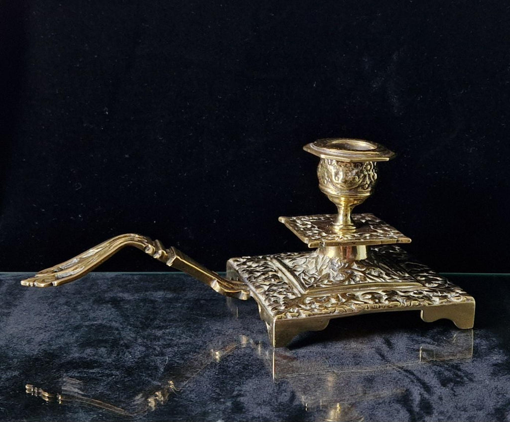 Fine French Antique Rococo Solid Brass Square Tiered Footed Chamberstick