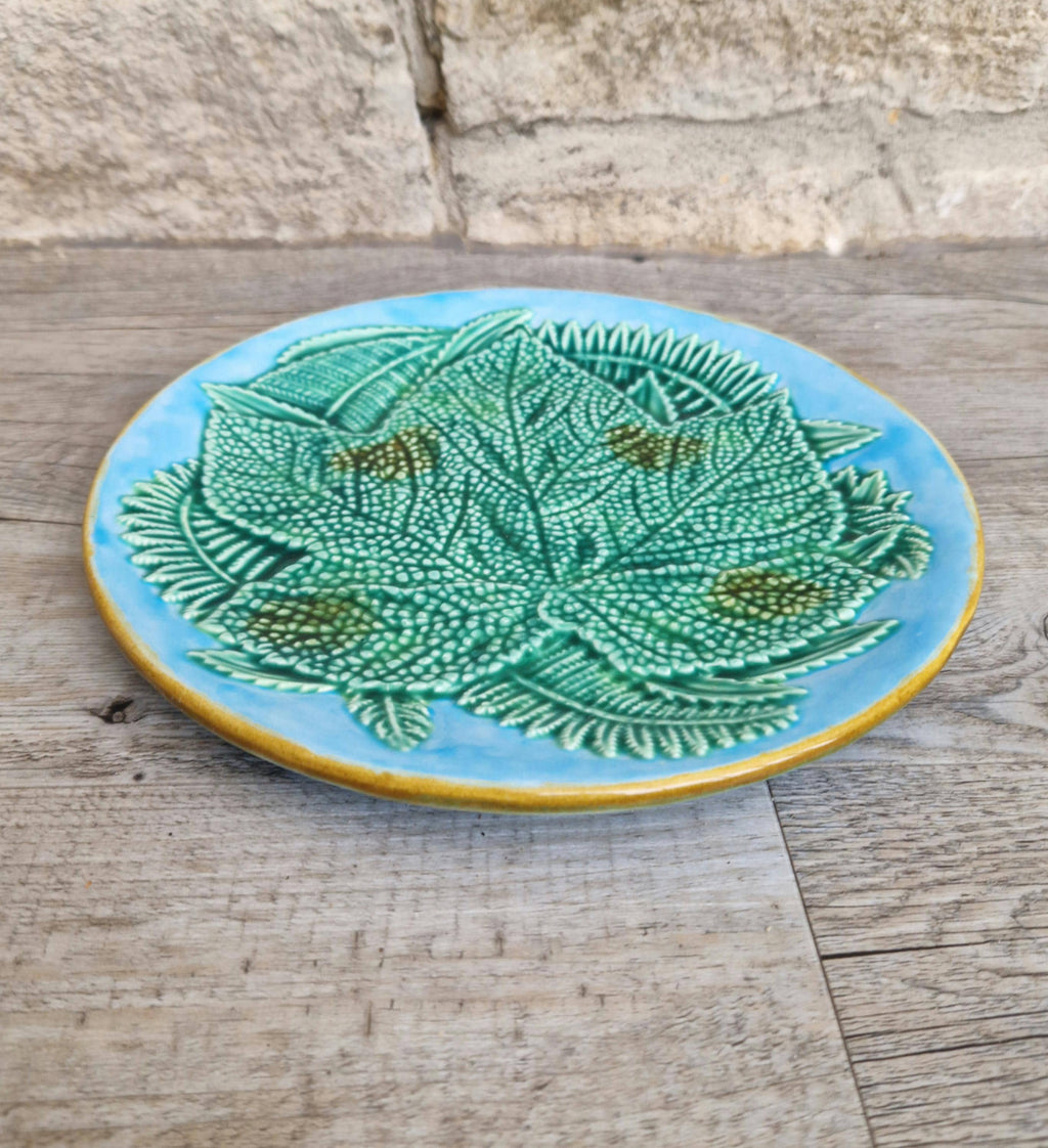Art Nouveau Majolica Pottery Plate With Leaf & Fern Design Light Blue Ground Double "J" Mark 22cm