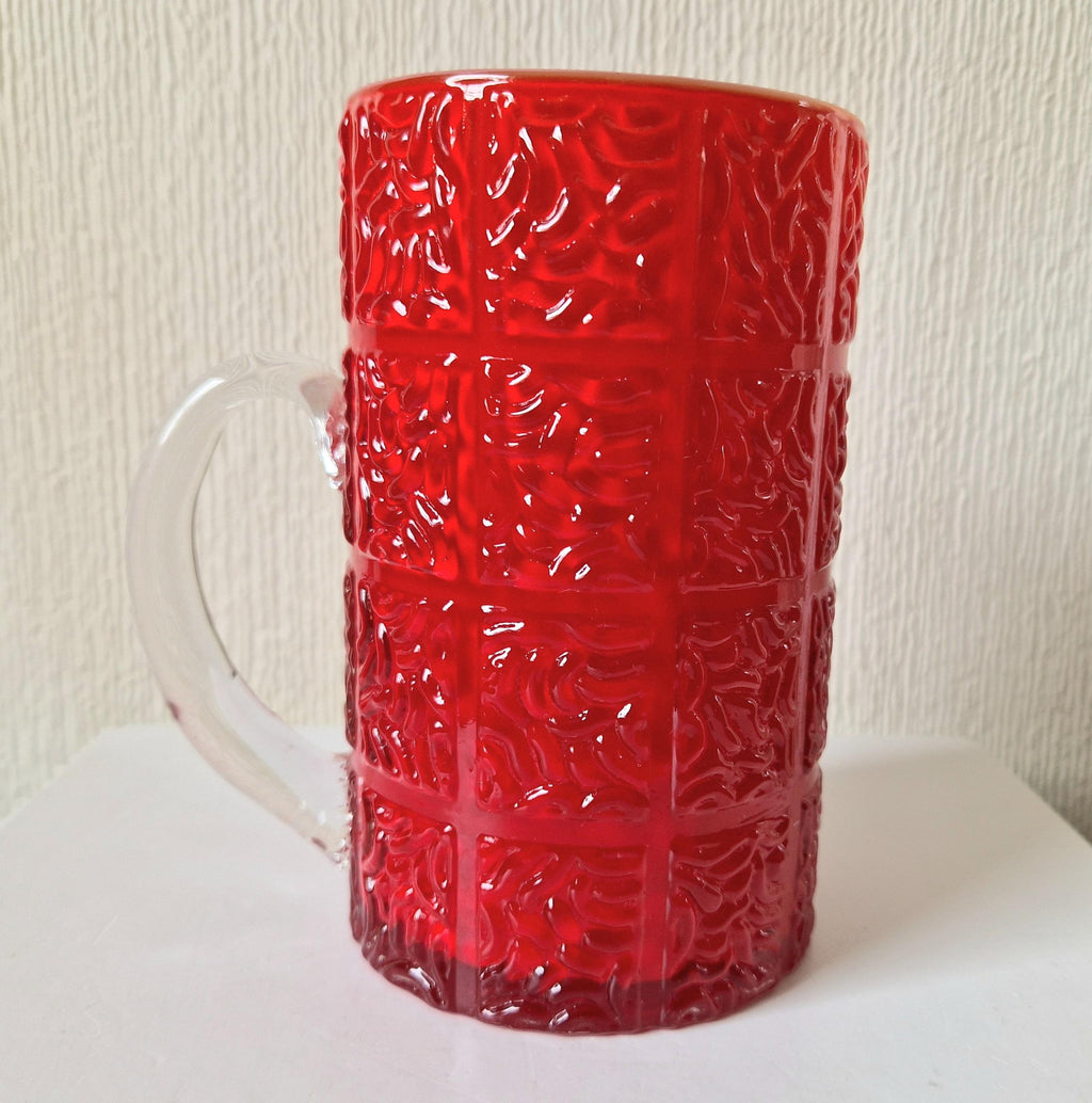 Large Bright Red Textured Cased Glass Tankard Rare Mid-Century Vintage Heavy Glass