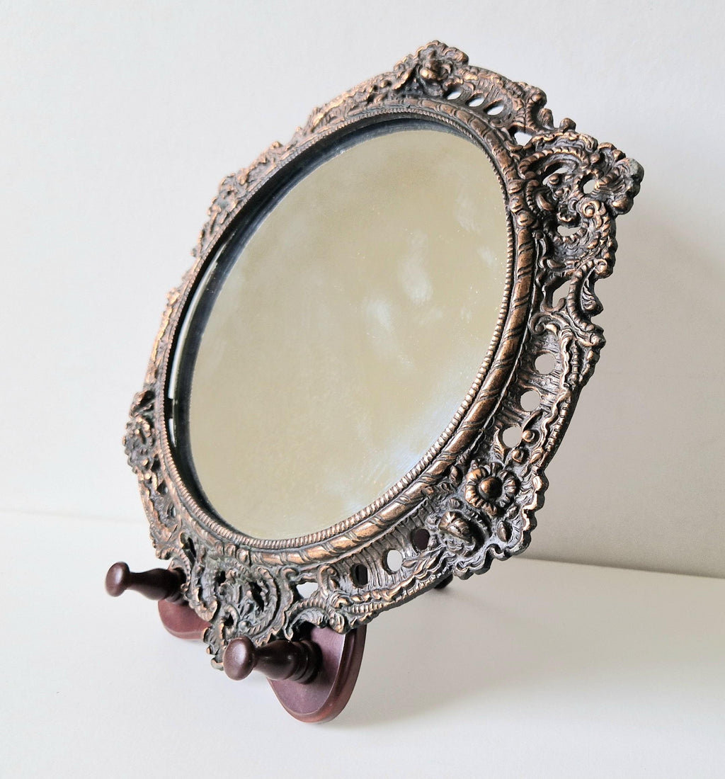 Antique Art Nouveau Heavy Cast Copper Metal Ornate Floral Rococo Round Wall Mirror 31cm