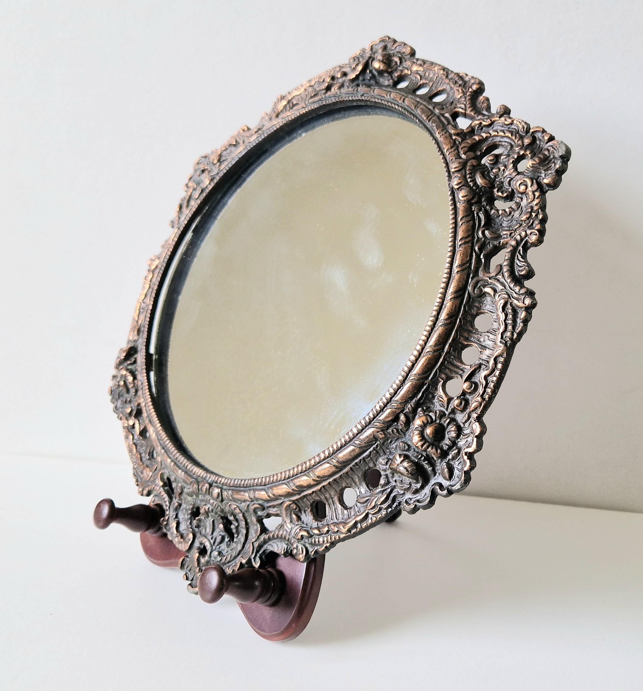 Antique Art Nouveau Heavy Cast Copper Metal Ornate Floral Rococo Round Wall Mirror 31cm