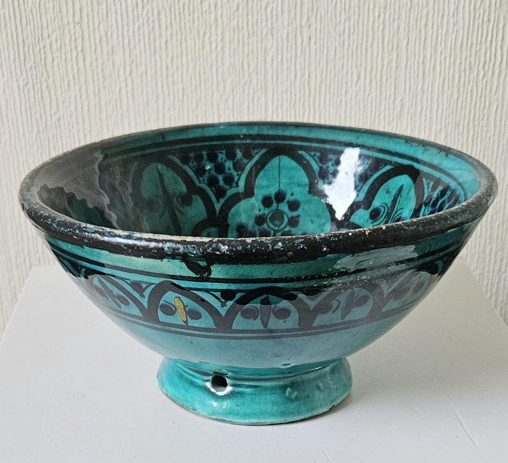 Vintage SAFI, Morocco: Earthenware Footed Bowl turquoise Patterned Signed