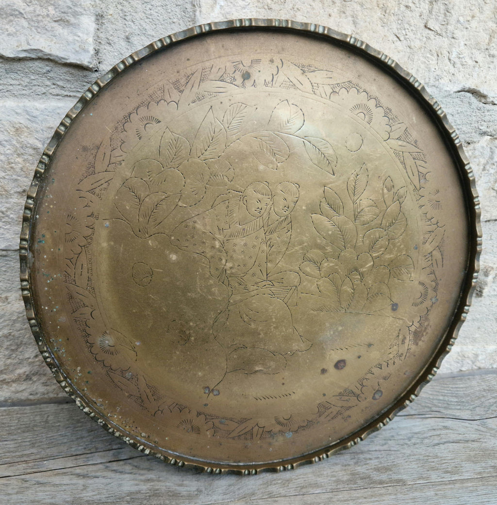 Antique Chinese Engraved Brass Round Opium Tray c1900 27.5cm