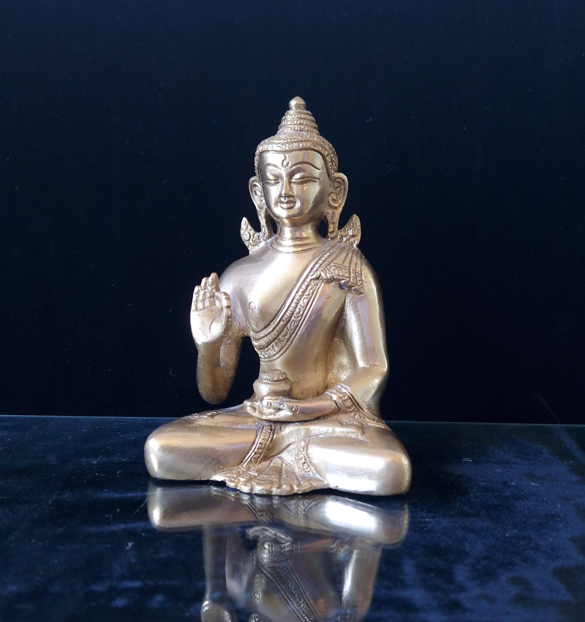 Vintage Heavy Cast Brass Seated Meditating Buddha Figure Vitarka Mudra Pose 6 inches