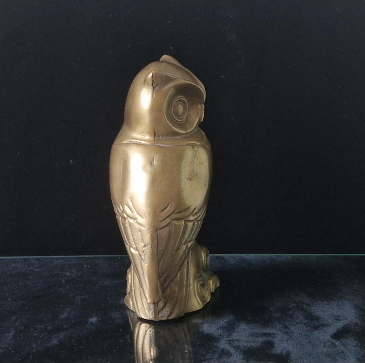 Vintage Heavy Mcm Cast Brass Owl Figure Ornament Scandi Style 16cm Tall Unpolished