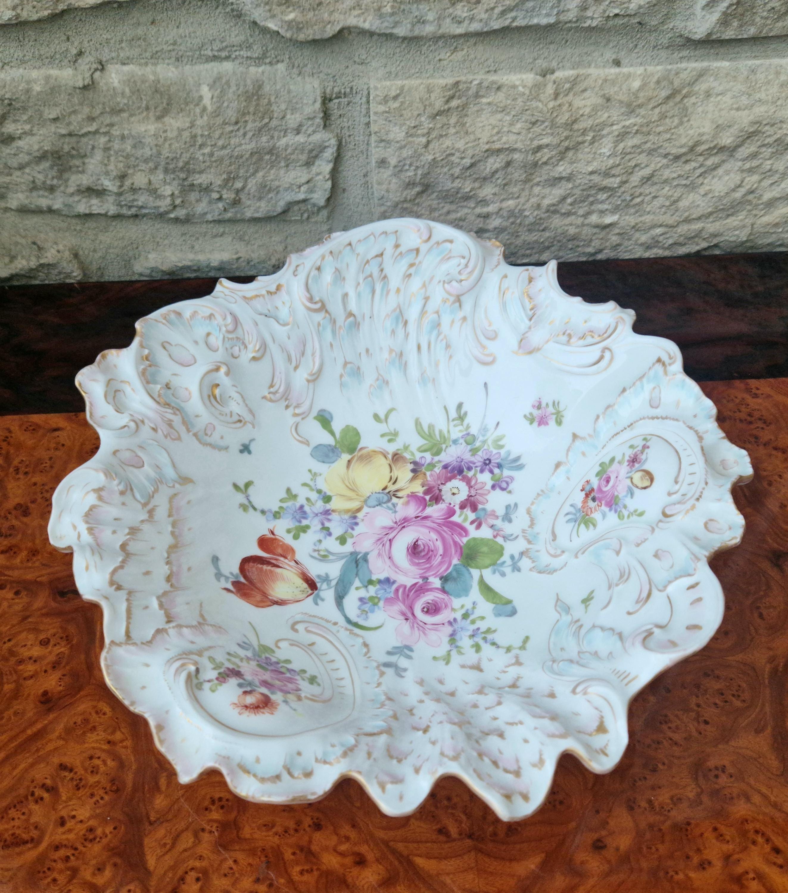 Antique Large 19th C. Dresden Ruffled Edge Rococo Style Floral Gilded Centrepiece Serving Bowl