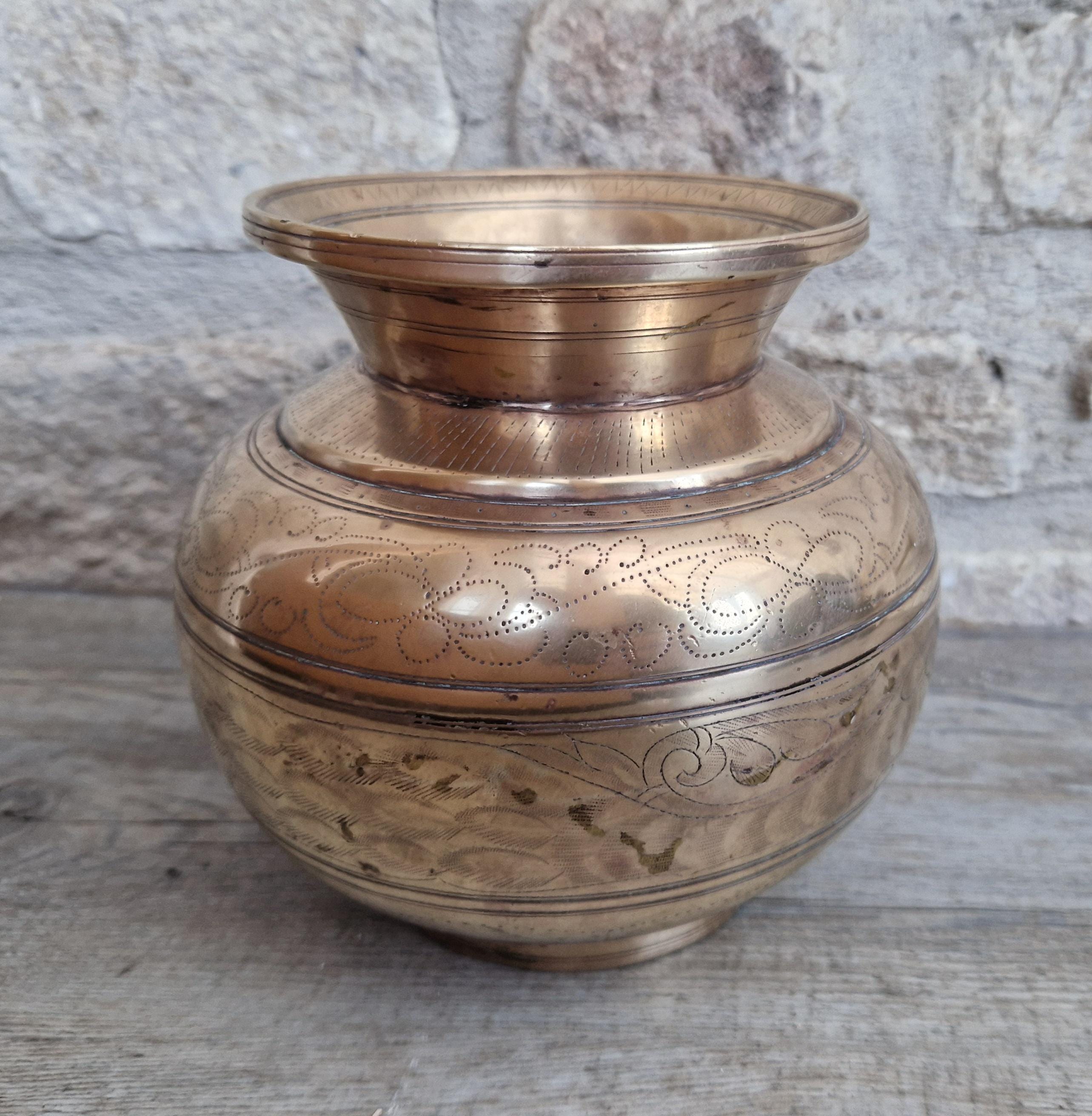 Antique Large Heavy Engraved Peacock Design Bronze Lota Holy Water Vessel