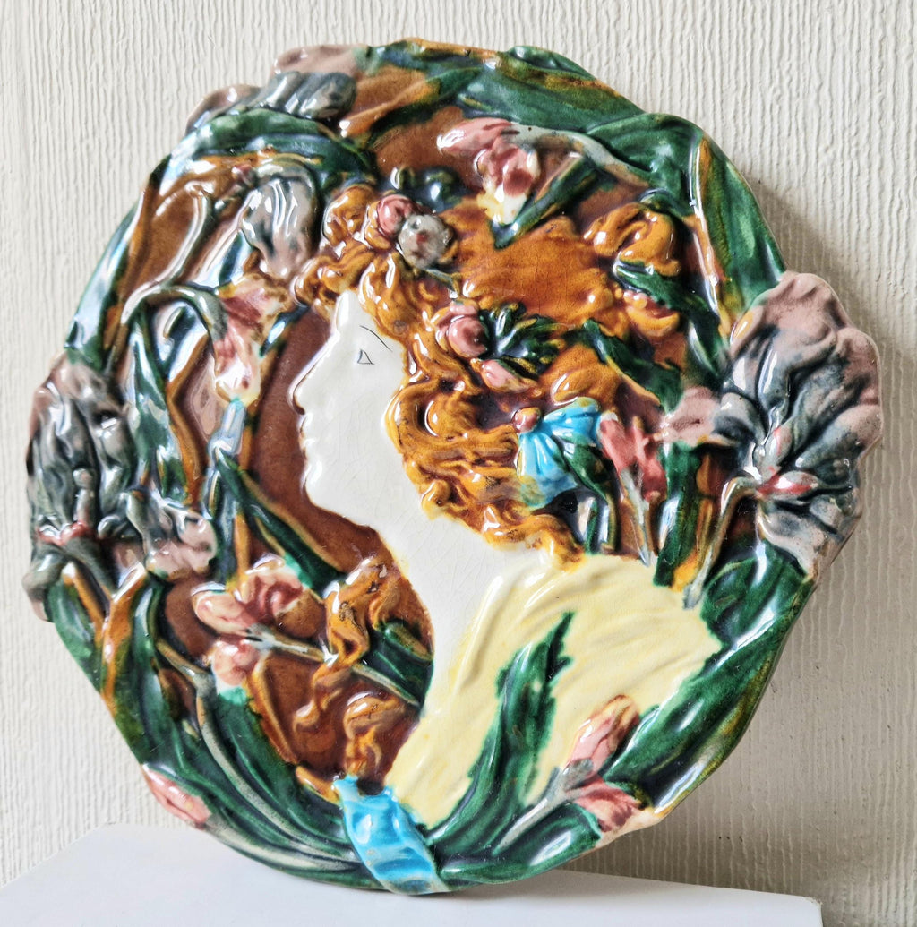 Antique Majolica Floral Yellow Dress Lady Handpainted Art Nouveau Ceramic Wall Plaque Roundel