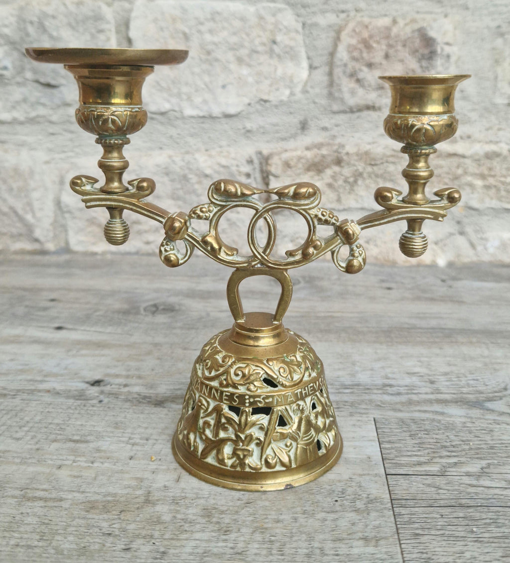 Brass Altar Bell Double Candle Holder With Pierced-Work Four Evangelists Names Antique