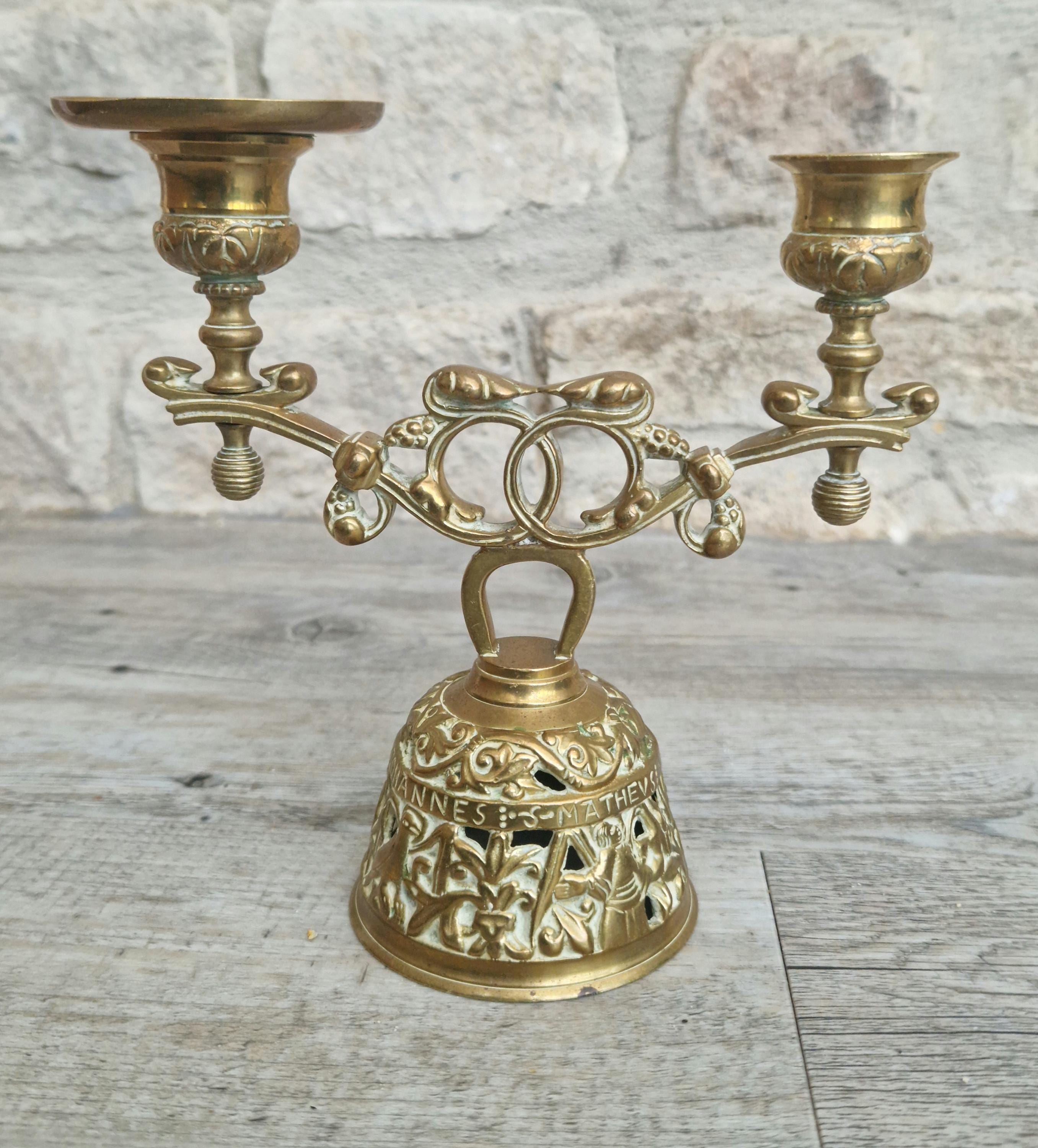 Antique Brass Altar Bell Double Candle Holder With Pierced-Work Four Evangelists Names